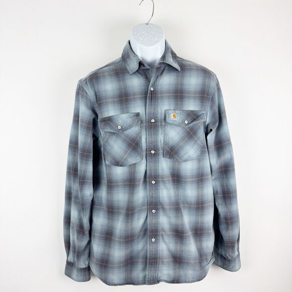 Carhartt Men's Relaxed Fit Plaid Long Sleeve Grey Blue Heavyweight Shirt Small - Picture 7 of 16